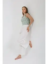 Akbeniz Bol Paça Pantolon Kalın Askılı Body 2li Kadın Takım Beyaz Akbeniz 4219